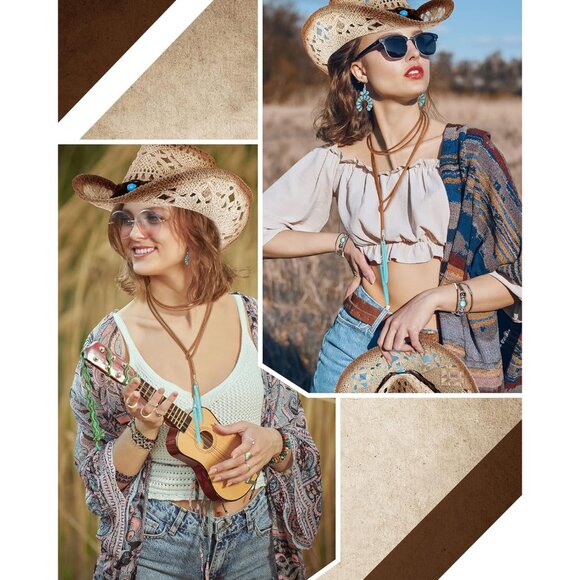 Boho 4 Pcs Turquoise Jewelry Set with Cowboy Hat for Women - Picture 5 of 6